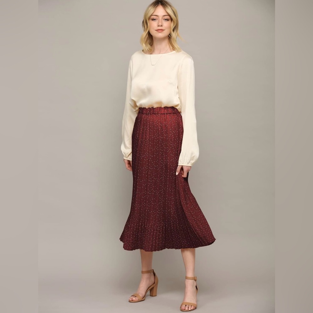 High Waist Polka Dot Pleated Midi Swing Skirt with Pockets -wine - Picture 5 of 6